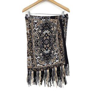 Vtg Fuzzi Tulle Mesh Skirt Womens XL Black Beige Fringe Gaultier